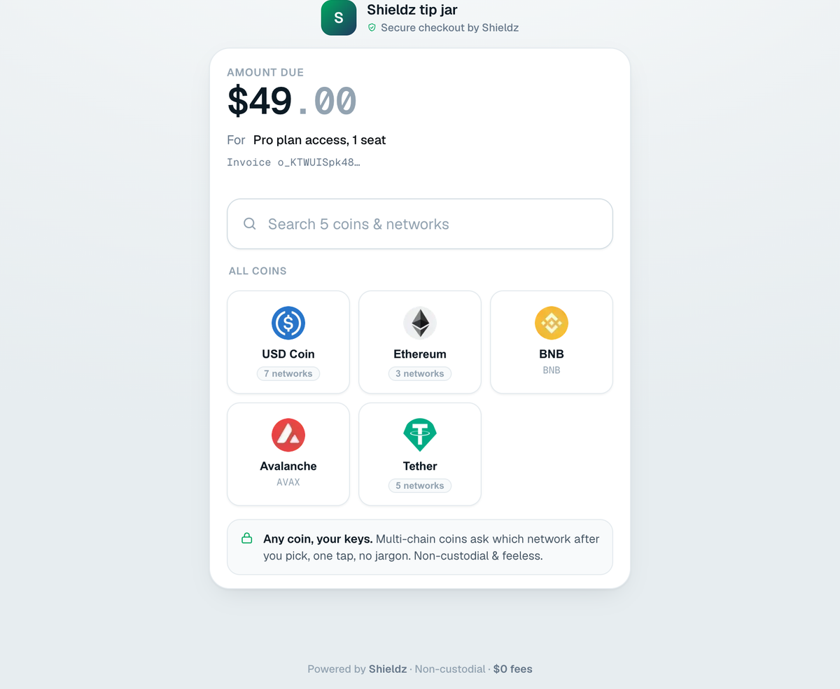The Shieldz hosted checkout page: an amount due, a memo, and a grid of coins (USDC, Ethereum, BNB, Avalanche, Tether) the buyer can pay with, noting 'any coin, your keys, non-custodial and feeless.'