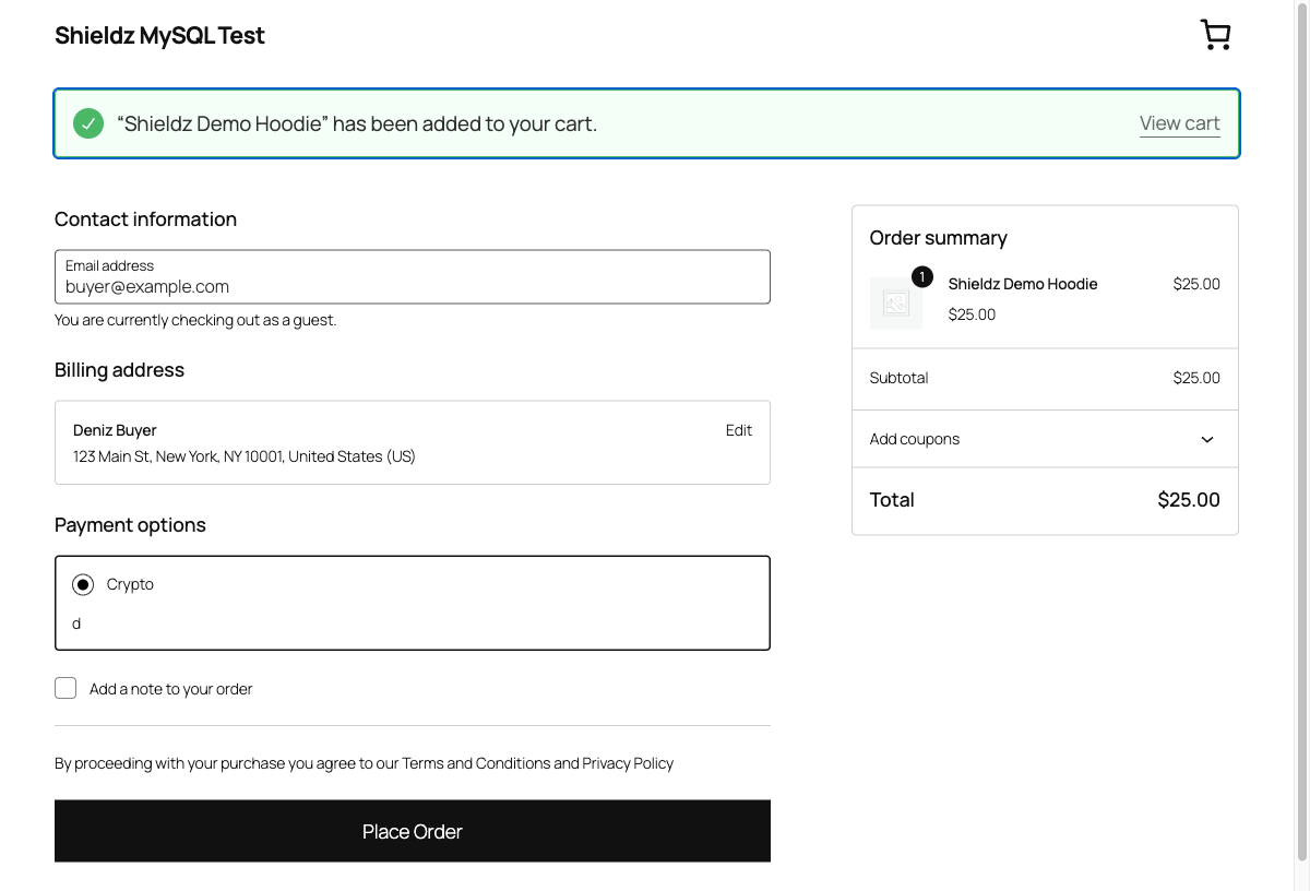 WooCommerce Blocks checkout showing Shieldz crypto as a selectable payment method