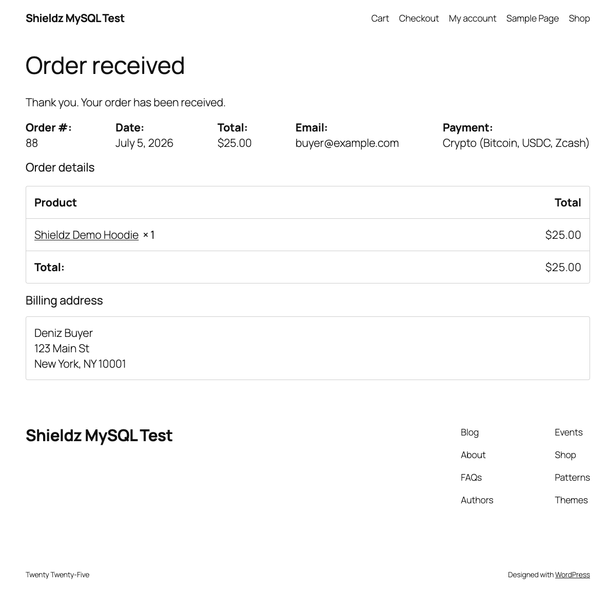 WooCommerce order-received confirmation page after a successful Shieldz crypto payment