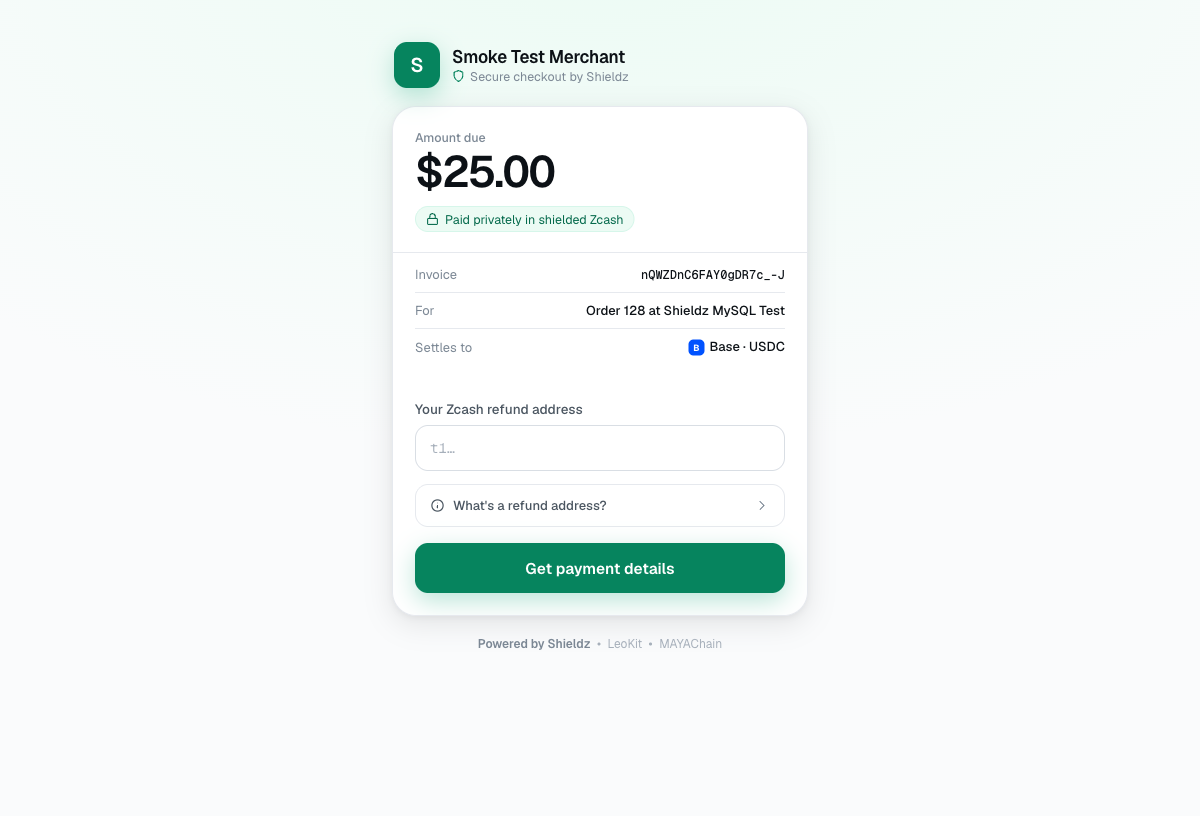 Shieldz hosted checkout with a QR code for a crypto payment