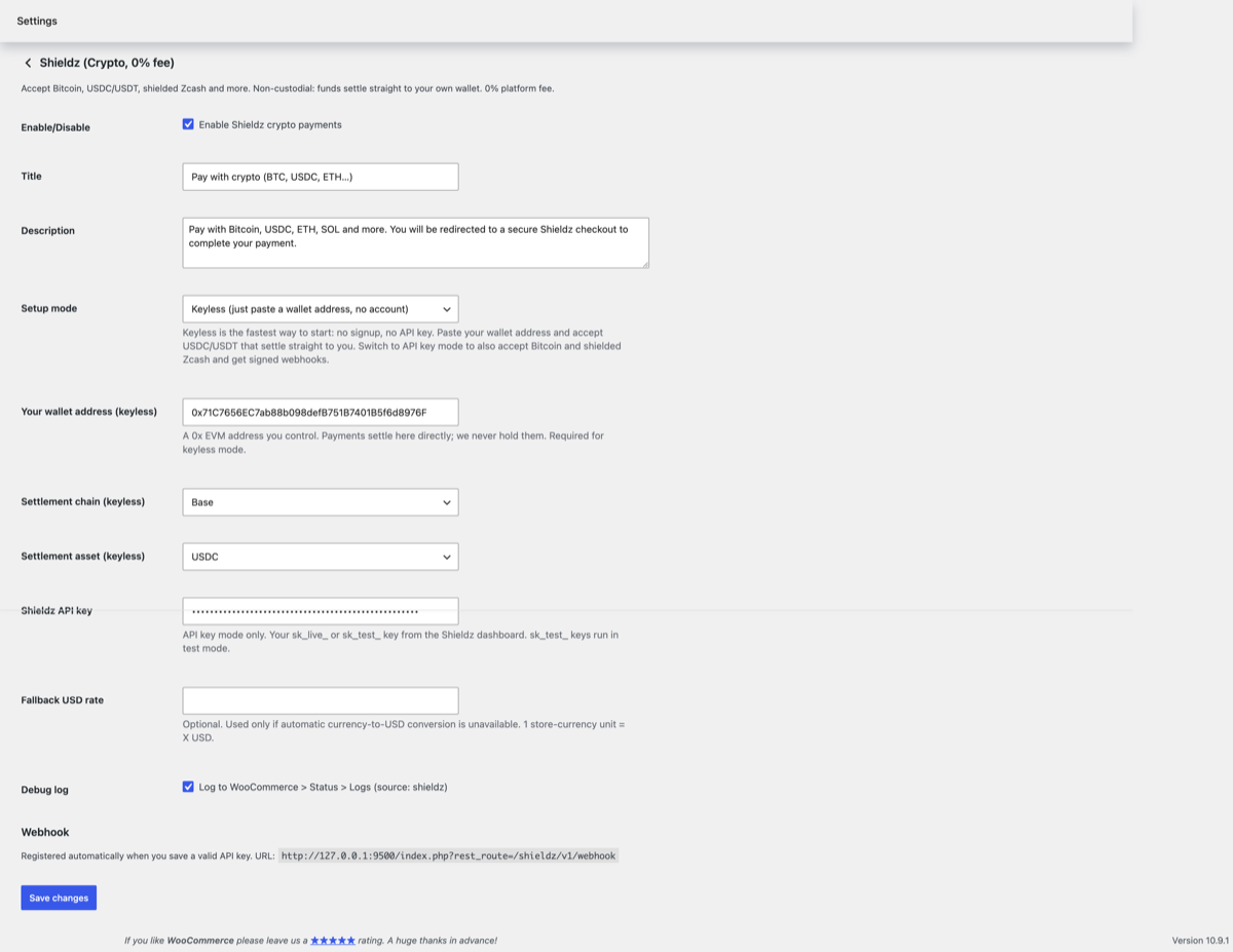 WooCommerce payment settings with the Shieldz crypto gateway enabled, keyless mode and a 0x wallet address configured